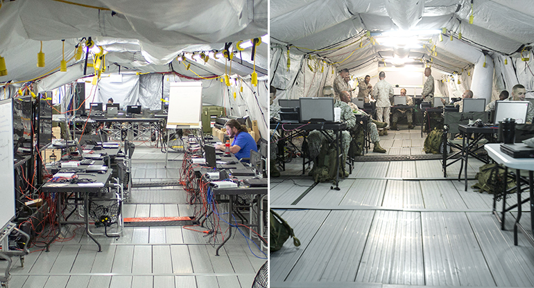 two photos side by side of interior shot of coc tent. (left empty/right with soldiers)