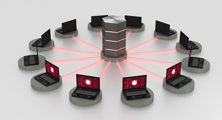 A computer-generated diagram showing how DDOS attacks work. Many computers are ringed around a server, all sending attacks at the server to overwhelm it. 