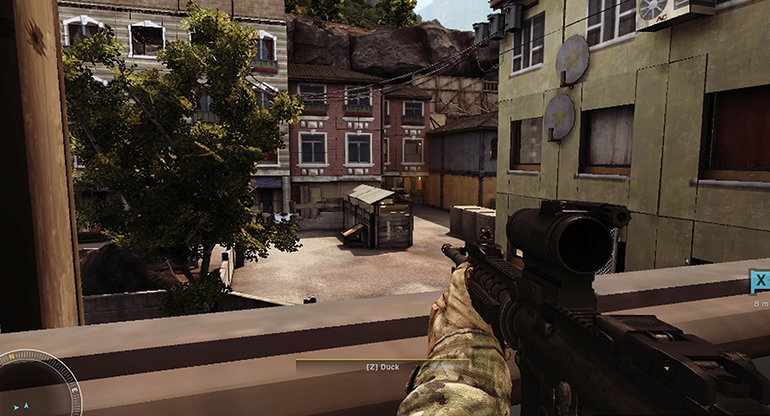 feature_gaming_body1 A screenshot from America's Army: Proving Grounds showing the view through the player's eyes.